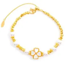 ①レディースブレスレット、四つ葉のクローバーブレスレット、天然淡水真珠、調節可能