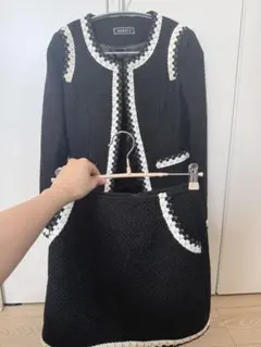 ツイード セットアップ ノーカラージャケット スカート ブラック系