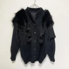 アンゴラ混 ファー×ビーズ装飾 カーディガン ブラック