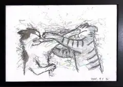 【猫喧嘩】原画 猫のインテリア絵画 ドローイング水彩 ハンドメイドアート