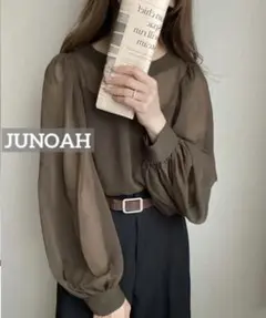k0272 JUNOAH バルーンスリーブシアーブラウス　モカのサムネイル
