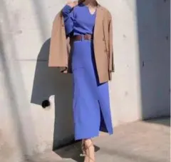 アメリヴィンテージ ニットドレス ロングワンピース キーネック スリット M 青