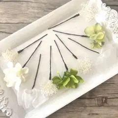 No.56 グリーンアイボリー♡紫陽花♡カスミ草♡リボン♡ヘッドパーツ♡髪飾り♡