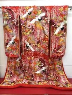 6k758 色打掛 正絹 袷 花嫁衣装 刺繍 鶴 赤 金色 白 銀色 黒 花柄