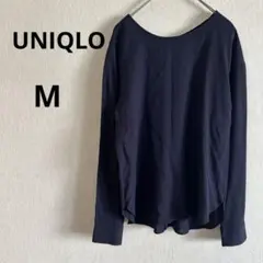 美品 UNIQLO M レーヨンエアリーTブラウス　ネイビー バックボタンのサムネイル