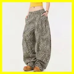 ヒョウ柄 ワイドパンツ グレー レオパード 秋冬 ユニセックス Y2K 韓国