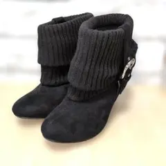 【美品】Premier Cosme ニット切替ウェッジソールブーツ 黒LLサイズ