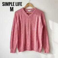 SIMPLE LIFE フレンチリネンVネックニット ピンク 透かし編み Mのサムネイル