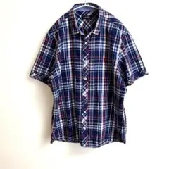 BLACKLABEL CRESTBRIDGE半袖シャツブルーチェック麻混　大きめ