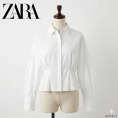 ZARA ザラ ペプラム長袖シャツ バックリボン ホワイト M コットン 上品