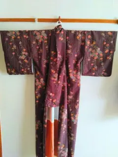 洗える着物 紫色花柄ストライプ小紋