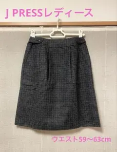 J PRESSレディースグレー系チェック フレアスカート ひざ丈
