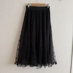 黒 ドット柄 フレアロングスカート