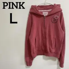 PINK【Ｌ】パーカー フーディ ジップアップ 赤 海外古着 カジュアル レッド