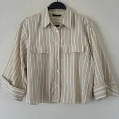 ZARA ベージュ・白ストライプ 七分袖シャツ