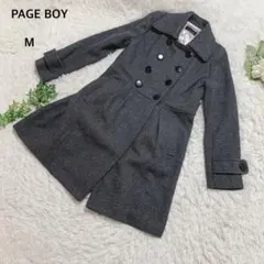 ページボーイ　コート　ウール混　ツイード　ロング　ダブルブレスト　襟付き　M 灰