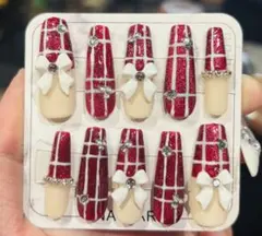 No.106❤️チェック柄リボンネイル*バレリーナ型Sサイズ【現品】