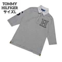 トミーヒルフィガー　七分袖　ポロシャツ　L　グレー　ラガーシャツ風 古着　Hロゴのサムネイル