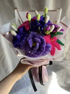 【ハンドメイド】豪華 モールブーケ パープル 薔薇 百合 卒業祝い 記念日