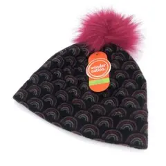 US買付 新品 ビーニー フリース ニットキャップ 虹 ポンポン付き 黒 赤