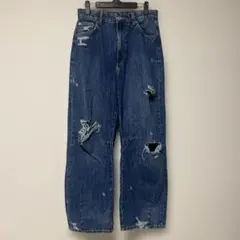 ZARA レディースダメージ加工 ダークブルー ワイドレッグデニム