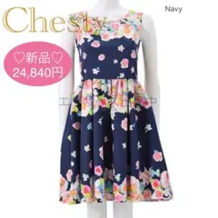 ①【新品未使用】Chesty チェスティ ローズ ワンピース 薔薇 ネイビー