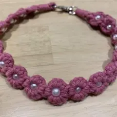 【お花チョーカー】ワンちゃん猫ちゃん用 34cm お花17個 首輪 ワインレッド