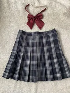WEGO ネイビーグレー　チェック スクール風スカート M /エンジ色リボンタイ