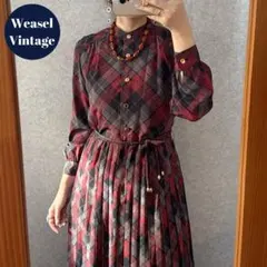 ヴィンテージ 昭和レトロ古着 チェック柄プリーツワンピース バンドカラー金ボタン