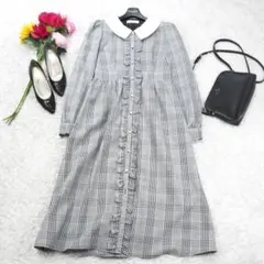 G6613*アンクルージュ☆チェック柄☆フリル☆ワンピース☆グレー☆M