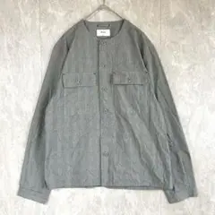 【イッカ】グレンチェックノーカラー長袖シャツ L ブラウン 綿100% スリット