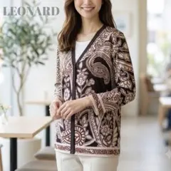LEONARD レオナール カンカン素材 花柄 ロングカーディガン a251【未使用級】レオナール カンカン 花柄長袖カーディガン オフ