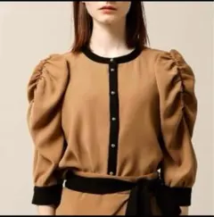 【完売品】トーナル TONAL  バイカラーブラウス　キャメル　38 TONAL（トーナル）の「バイカラーツイルハイネックピンタックブラウス