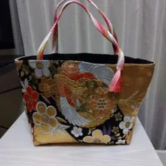 帯リメイク豪華鳳凰梅金色トートバッグ