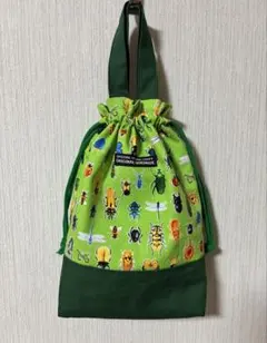 ハンドメイド上履き入れ巾着袋昆虫柄グリーン色