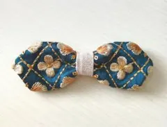 インド刺繍のリボンヘアピン パッチン　ピーコックグリーン