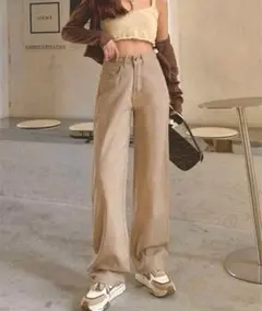 美シルエットハイウエストワイドデニムパンツ ベージュ ストレートのサムネイル