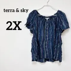 ✨️美品‼️ terra & sky 【2X】フリル袖シャツ ネイビー系 エスニック