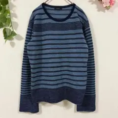 【Gabardine KT】ボーダー 長袖 ニット 9 麻 リネン混 ブルー