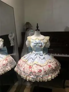 ロリータワンピース うさぎ柄 水色 フリル リボン