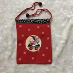 和柄 巾着袋 赤色 おかめモチーフ