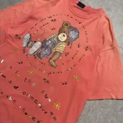 クマキャラクター プリントTシャツ サーモンピンク　フェード L相当