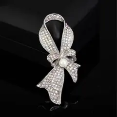 パール付き リボン ブローチ ギフトボックス付き クリスタル フォーマル 上品