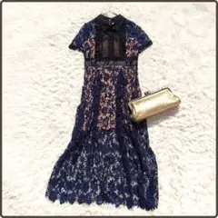 【美品】総レース ひざ丈ワンピース バイカラー オケージョンドレス 結婚式 L