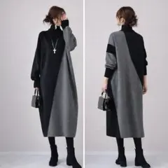 ロングワンピース ぽわん袖 ニット 配色切替 ゆったり L〜LLの方 B1