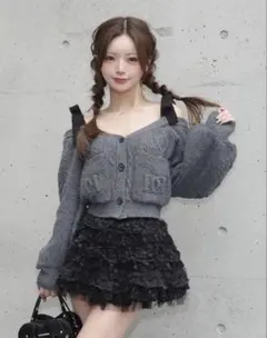 Darich ショルダーリボンVネックニットトップス GRY