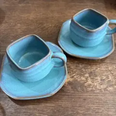 希少✴︎ 美濃焼 青釉 カップ＆ソーサー 和風コーヒーカップ 和モダン セット