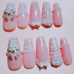 ネイルチップ フレンチガーリー スナ系 リボン 量産型 ツイード 韓国