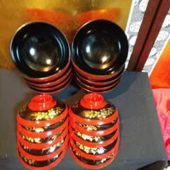 骨董・時代物】木製本漆塗 金蒔絵 吸物椀 10客セット 桜水鳥図 共箱付