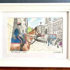 色鉛筆画ペン画　ロンドン　ホワイトホール　ホースガーズ風景　手描き原画